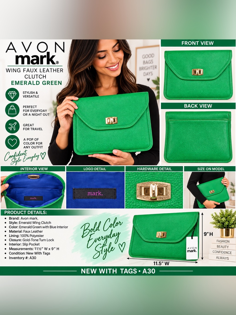AVON MARK WING FAUX LEATHER CLUTCH – GREEN (NEW WITH TAGS) A30